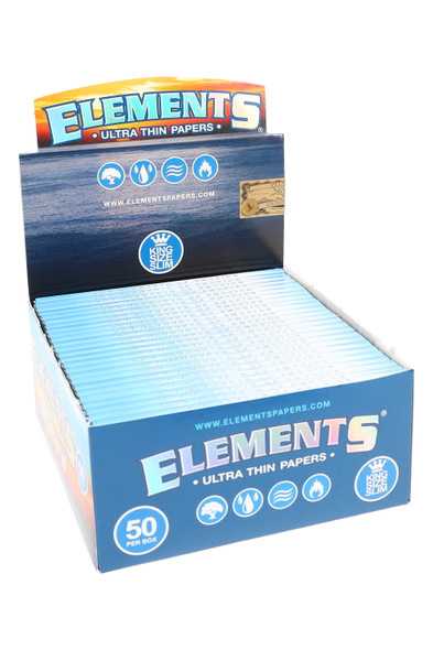 Elements King Size Slim rolling papers wholesale display, 50 booklets in blue counter carton, front-left view with “50 per box” badge visible.
