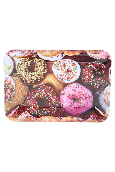 Small 7 x 5 metal rolling tray with sprinkled-donut artwork, top-down flat lay for wholesale smoke-shop displays and countertop impulse sections