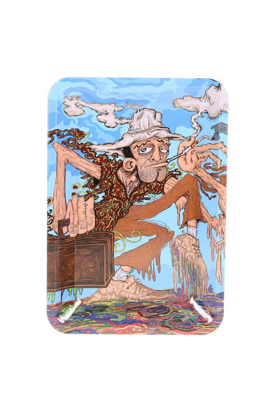 Small 7 x 5 art metal rolling tray, blue trippy cartoon traveler design, portrait orientation for head-shop retail showcases