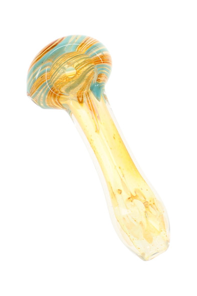 3.5" color-changing striped glass spoon pipe with teal and amber swirl bowl and translucent gold handle shown at an angled view