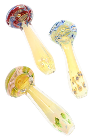 Assorted 3.5" color-changing striped glass spoon pipes with multicolor swirl bowls and decorative marble accents in three color combinations displayed together
