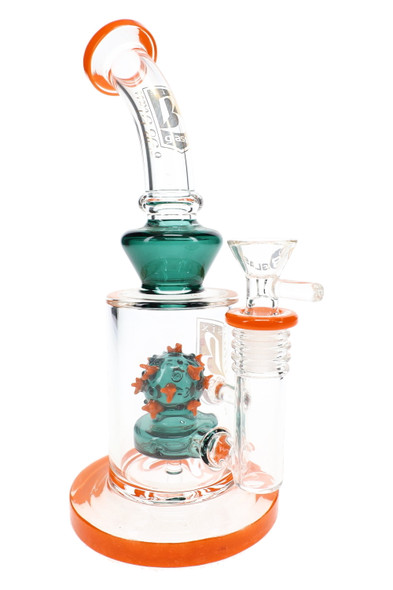 6B Glass water pipe with bent neck, orange trim, teal virus-shaped perc, and clear handled bowl.