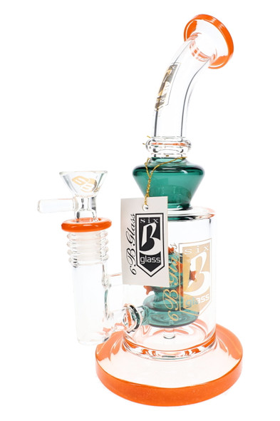 Opposite view of the orange-and-teal virus perc water pipe with clear bent neck and hanging 6B Glass tag.