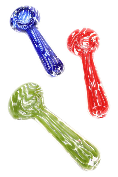 Assorted 5" thick clear striped glass spoon pipes with varied stripe colors and marble accents displayed together