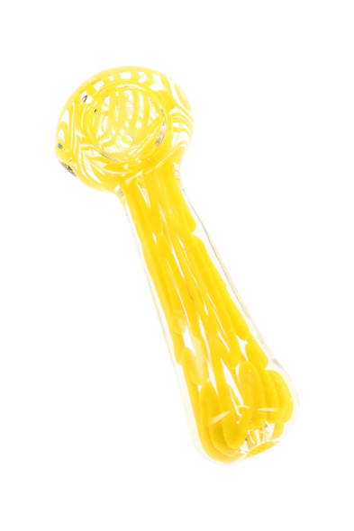 5" thick clear striped glass spoon pipe with colored stripe bowl and glass marble accents shown at an angle