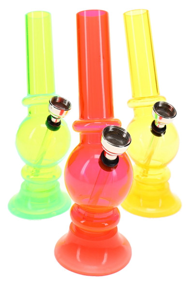 Assorted 6" colorful acrylic water pipes in neon green, orange, and yellow for wholesale smoke shop displays