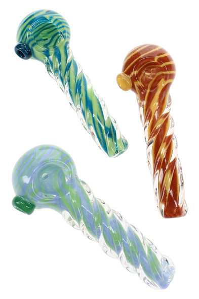 Assorted 4.5" color-changing glass spoon pipes with twisted clear bodies, colorful striped accents, rounded bowls, and matching glass side carb marbles.