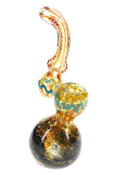 Silver fumed Sherlock glass bubbler with dark frit base, colorful striped bowl, and decorative curved neck shown from side angle.