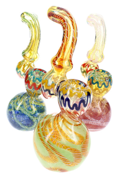 Assorted silver fumed Sherlock glass bubblers with frit glass bases, colorful striped accents, and curved necks for retail displays.