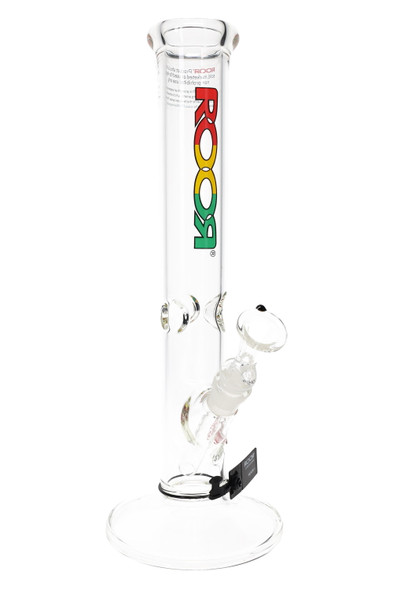 Clear ROOR 14" glass straight tube, rasta logo decal, 50 mm body with ice pinch, GoG joint and 14.5 mm bowl, white background for wholesale listings.