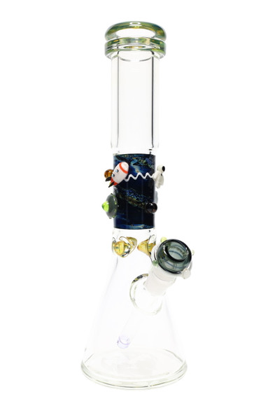 Bright studio shot on white of 14" galactic beaker with green lip, nebula neck wrap and accent marbles; retail smoke gear, three-quarter angle. Bright studio shot on white of 14" galactic beaker with green lip, nebula neck wrap and accent marbles; retail smoke gear, three-quarter angle.