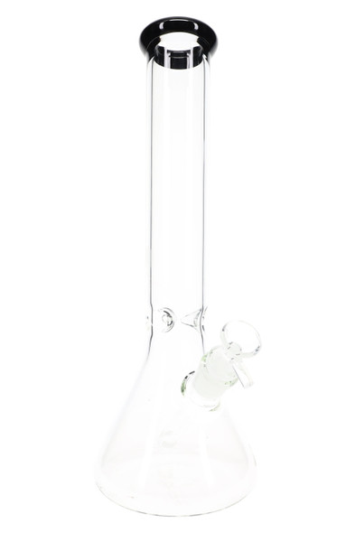 Clear 14" beaker water pipe with dark rim mouthpiece and 18.8 mm joint, front view for smoke shop inventory