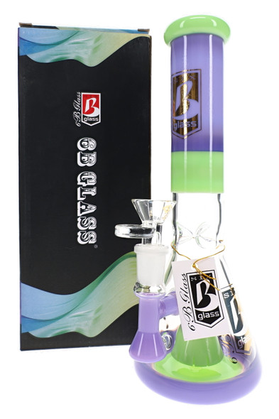 6B Glass beaker water pipe with purple and green accents, straight neck, clear bowl, and branded box.