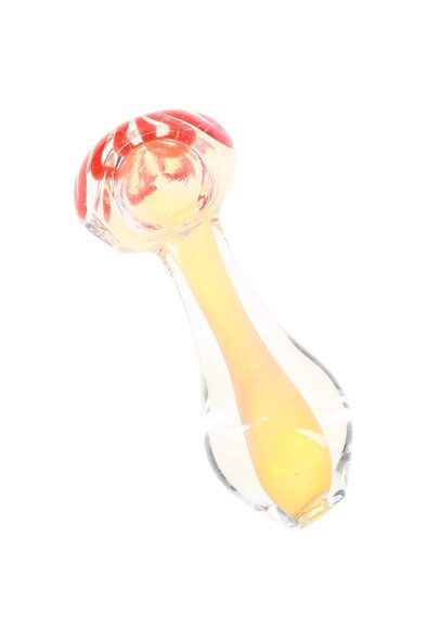 3.5" color-changing glass spoon pipe with red striped bowl accent, angled view for B2B resale displays
