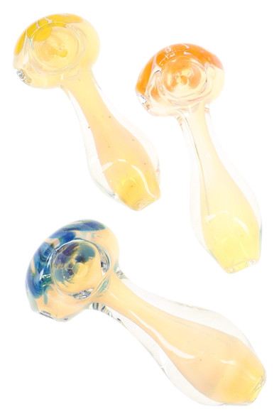 Set of three 3.5" striped color-changing glass spoon pipes, mixed colors, for wholesale smoke shop inventory