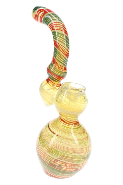 Medium color-changing Sherlock glass bubbler with red and green spiral striped neck and rounded glass base shown from side angle.