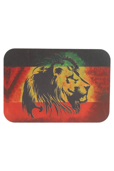 Small 7 x 5 metal rolling tray with magnetic lid, rasta lion artwork, top-down view—ideal wholesale smoke-shop countertop accessory