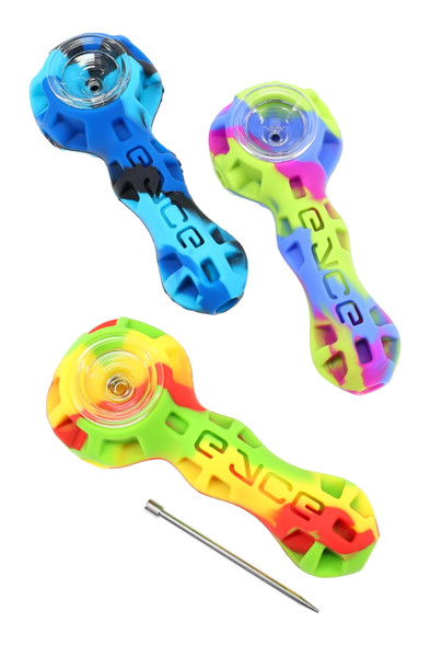 Wholesale 4″ Eyce silicone spoon pipes with inlaid glass bowls and metal poker, assorted multi-color bodies, overhead trio product view.
