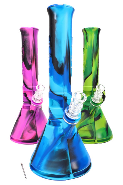 Three Eyce 12" silicone beaker water pipes in pink, blue and green swirls, glass bowls attached, posed for head shop buyers.