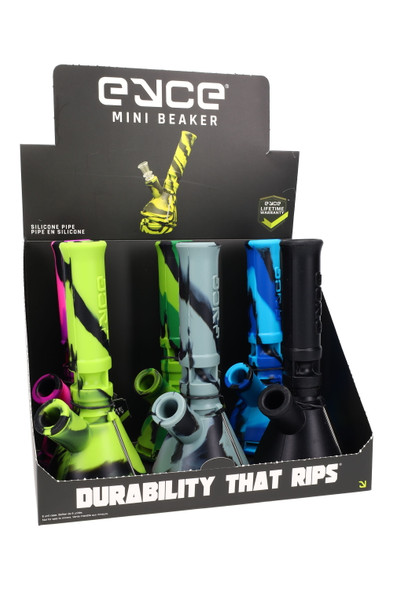 Eyce Mini Beaker countertop display with assorted silicone pipes, shelf-ready for wholesale resale