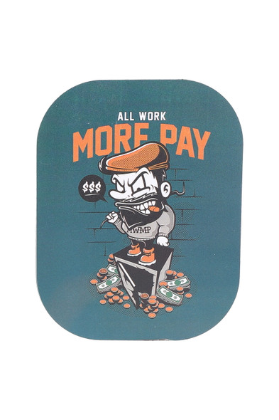 Small 7 x 5.5 inch metal rolling tray, teal cartoon design variant with rounded corners, overhead view for wholesale smoke-shop shelves