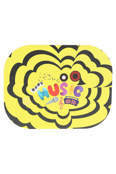 Small metal rolling tray 7 x 5.5 inches, yellow pop-art swirl graphic variant, flat-lay angle for retail smoke-shop wholesale listings