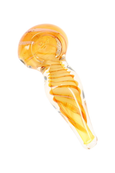 3" color-changing fumed glass spoon pipe with orange spiral stripe wrap, angled product shot for B2B wholesale buyers