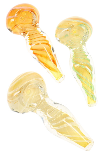 Three 3" spiral striped color-changing fumed glass spoon pipes in assorted tones for wholesale display-case restocks