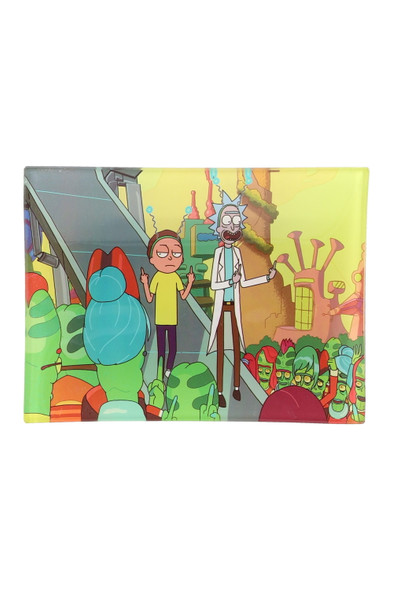 Small 6.5 x 4.75 art glass rolling tray, assorted multicolor design variant, rectangular shape, top view for wholesale showcases