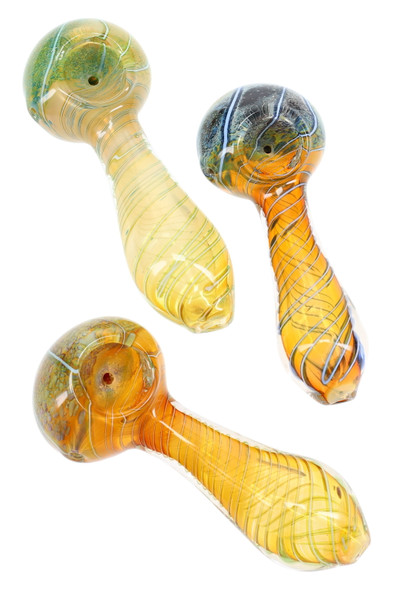 Assorted 4" color-changing frit spiral glass spoons in warm amber and green tones; top-down product layout for smoke-shop wholesale listings.