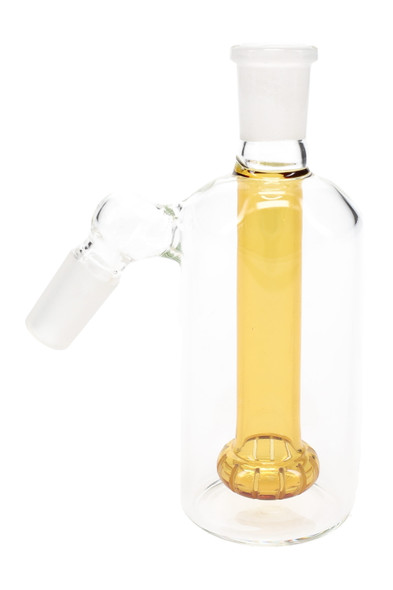 Clear glass 45° ash catcher with frosted 14.5 mm joints and amber showerhead perc on white—clean, compact head-shop supplies upgrade.