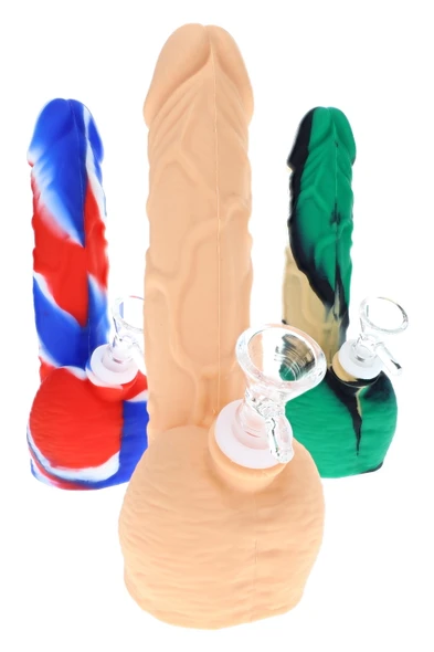 Three novelty silicone water pipes in flesh tone, red-blue-white, and green-black designs with glass bowls for smoke shop resale