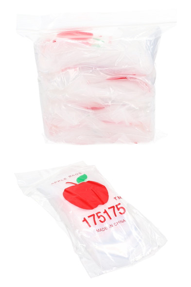 Bulk bundle of 1,000 clear 1.75 × 1.75 baggies for smoke-shop inventory, sealed in outer poly with apple branding, studio white angle