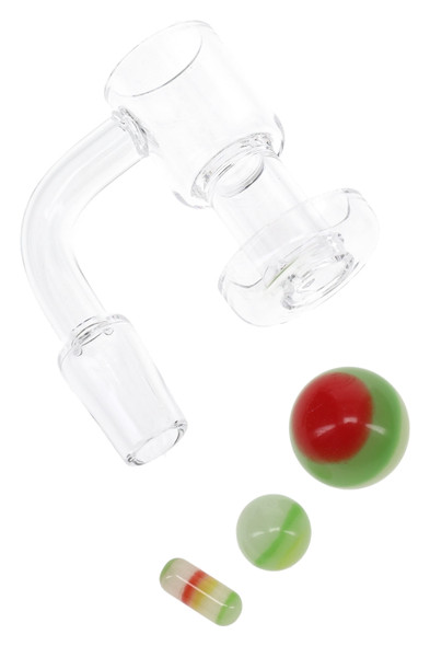 14.5 mm male quartz terp slurper banger, 2 mm thick; Rasta red-green 23/13/6 mm marbles highlighted for wholesale display.