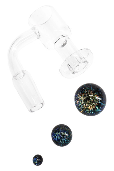 Domeless quartz slurper set with 22 mm marble plus 14 mm and 7 mm dichro beads, head-shop supply, angled overhead view on white background.