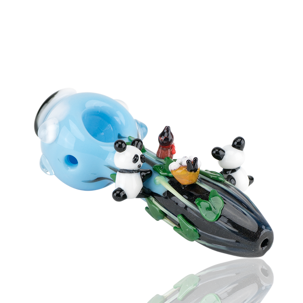 Retail smoke gear photo on white—4.5" Empire Glassworks panda spoon pipe with lampworked pandas, bamboo, and floral detail, side-angled view.