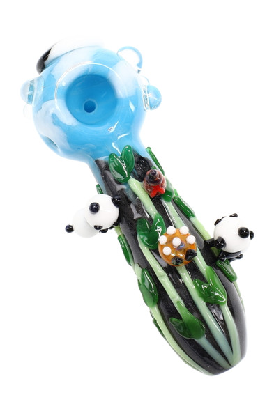 Top-down product image for retail smoke gear: US-made 4.5" panda spoon with green leaves and floral accent on dark glitter body, white background.