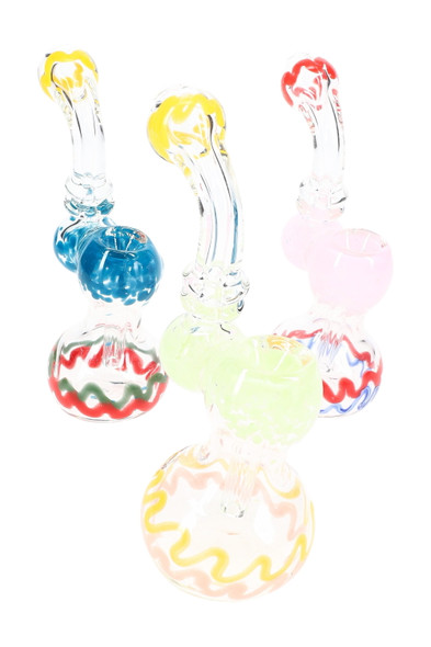 Grouped 5.5" clear glass sherlock bubblers with colorful frit and wave stripes, assorted bowls and bases; wholesale head-shop piece, high-key front angle.