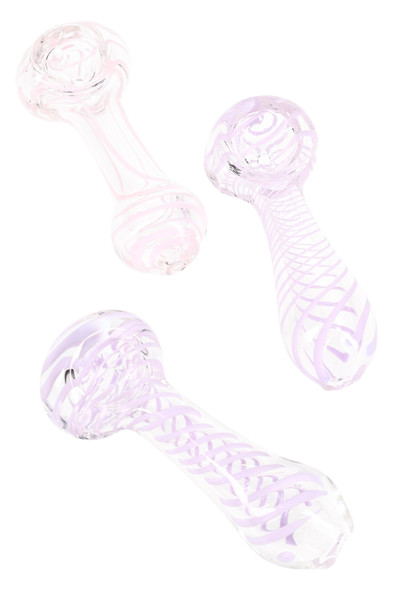Wholesale neon-striped clear glass spoon pipes, 3.5-inch assorted pink and lavender spirals, group front view on white backdrop.