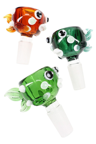 Orange and green 14.5 mm male fish glass bowls with frosted ground joints; wholesale head-shop slide, fins and raised dots visible, angled studio view.
