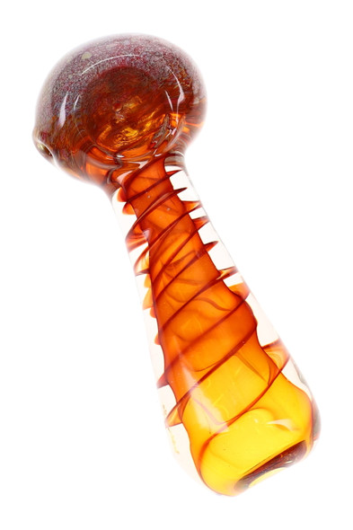 4.5" gold fumed glass spoon pipe with orange spiral accents and textured frit detailing around the rounded bowl