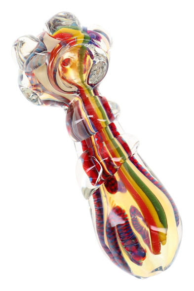 Thick silver-fumed glass spoon pipe with red, yellow, and green stripes plus raised clear marble accents