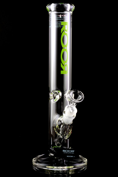ROOR 14" 7 mm straight tube on black backdrop, green decal, ice pinch and 18.8 mm GoG joint with 14.5 mm bowl—head-shop display angle.