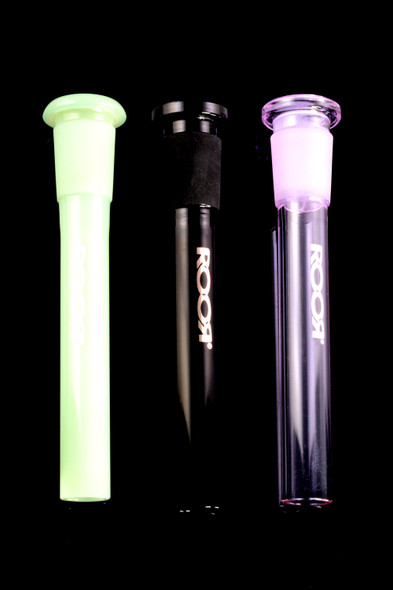 Trio of ROOR colored reducing downstems for head-shop sales, 18.8 mm to 14.5 mm, mint, black, and clear-purple accents, front view on black background.