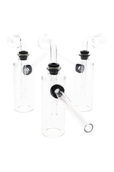 Set of small clear glass bottle oil burner bubblers on white background, 4" size with globe heads; compact wholesale accessory for shops.