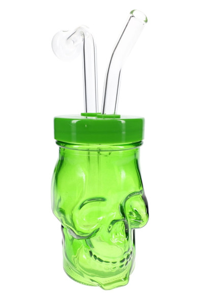 Green 5" colored glass skull oil burner rig for wholesale head-shop supplies, front angled view