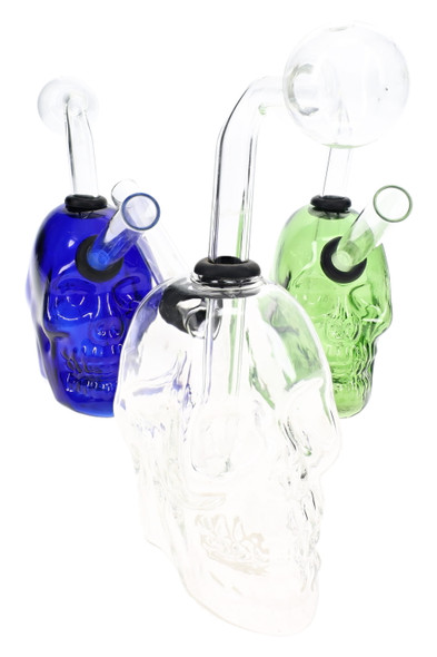Clear, blue, and green 3.5" skull oil burner rigs for wholesale smoke shop glass displays