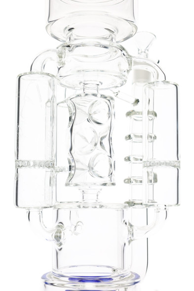 Large glass-on-glass recycler water pipe showing tree perc, ice pinch, and 14.5 mm connection