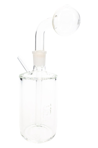 Clear thick glass oil burner rig for wholesale head-shop supplies, rear angle showing 18.8 mm joint