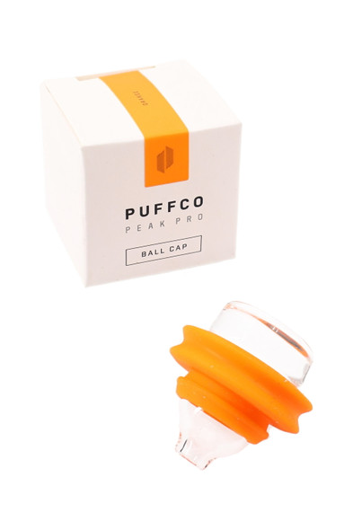 Orange Peak Pro Ball Cap beside Puffco box, angled studio shot—retail smoke-shop add-on showing bright color and compact form.
